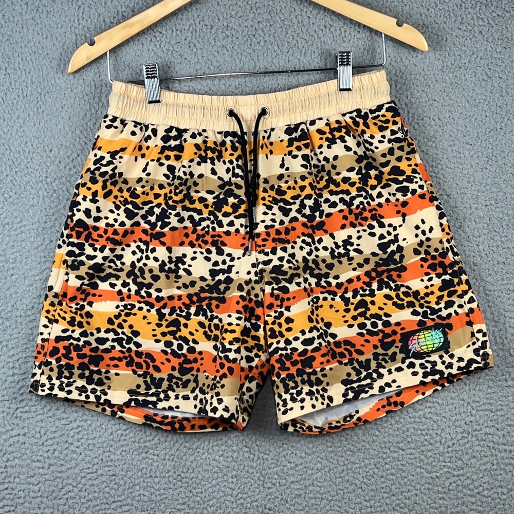 Slunks Mens Board Shorts Animal Print Striped Swim Trunks Orange Black Size M